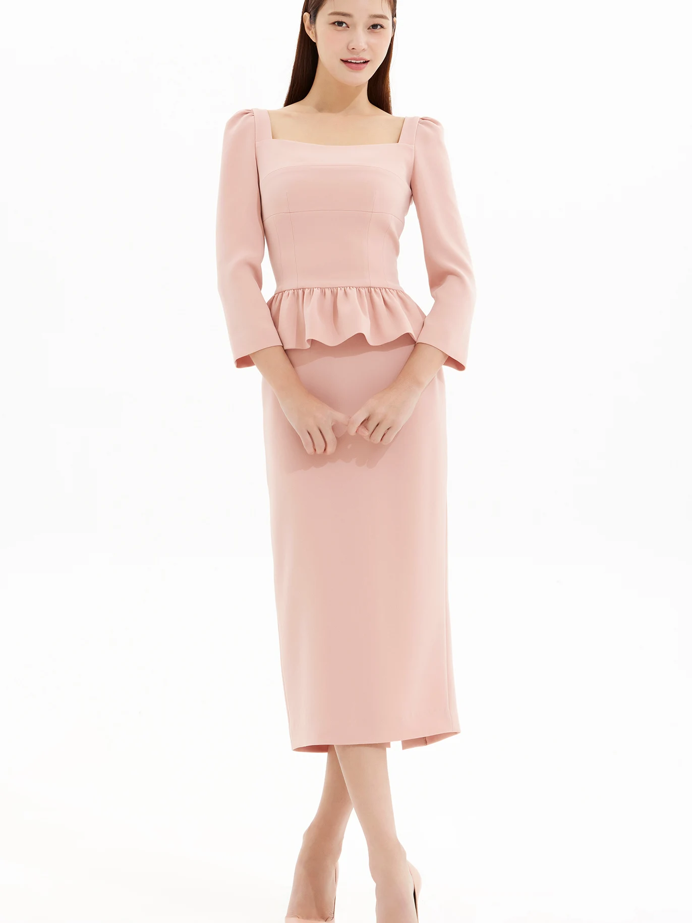 

Slimming High Waist Bubble Sleeve Square Collar Drawstring Top Mid-Length Over-Knee Straight Tube Skirt Summer Acetate Set