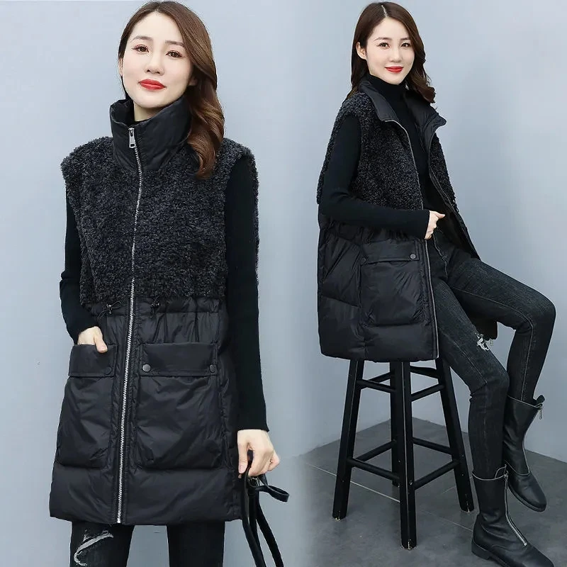 Lamb Wool Stitching Vest Women Jacket Sleeveless Pocket Drawstring Waistcoat Autumn Winter Fashion Warm Mid-Length Chaleco Mujer