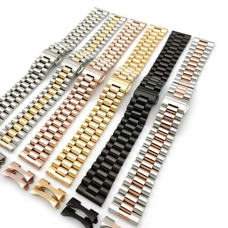 3 Rice Beads Stainless Steel President Gold Watch Band Strap Straight Curved End Butterfly Clasp 18mm 20mm 22mm Multi-Size