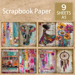 9 Sheets A5 Size Graffiti Style Elephant Dress Girl Guitar Owl Background Vintage Grunge Journal Planning Scrapbooking