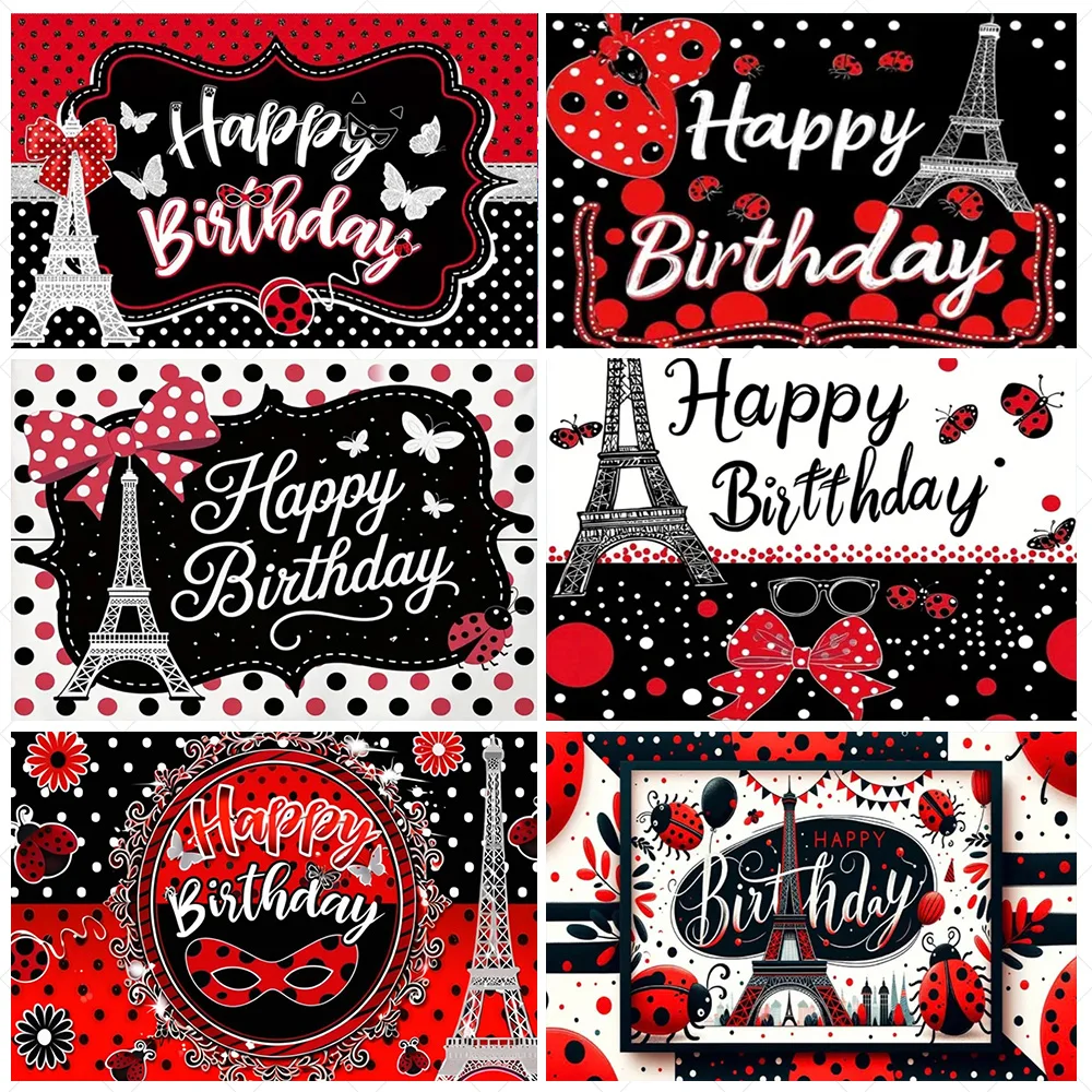 

Black Red Ladybug Theme Background Banner Insect Birthday Party Decorations Butterfly Eiffel Tower Photography Backdrop Supplies