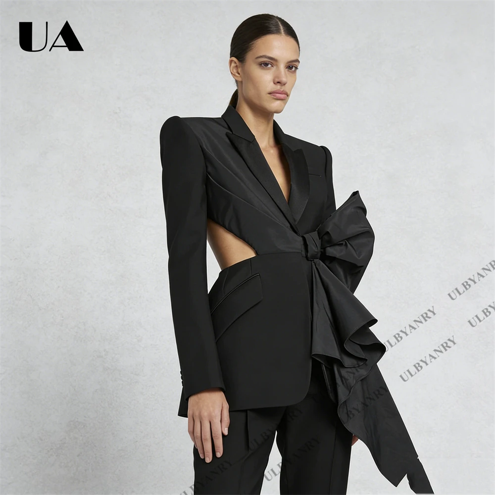 ULBYANRY Womens Black Blazer with Satin Ruffle Waist Tie and Peak Lapel Events Gala Birthday Prom Party Suit Attire Slim Fitting