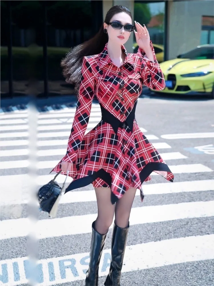 A new designer shirt dress with colorful checkered print and irregular hem