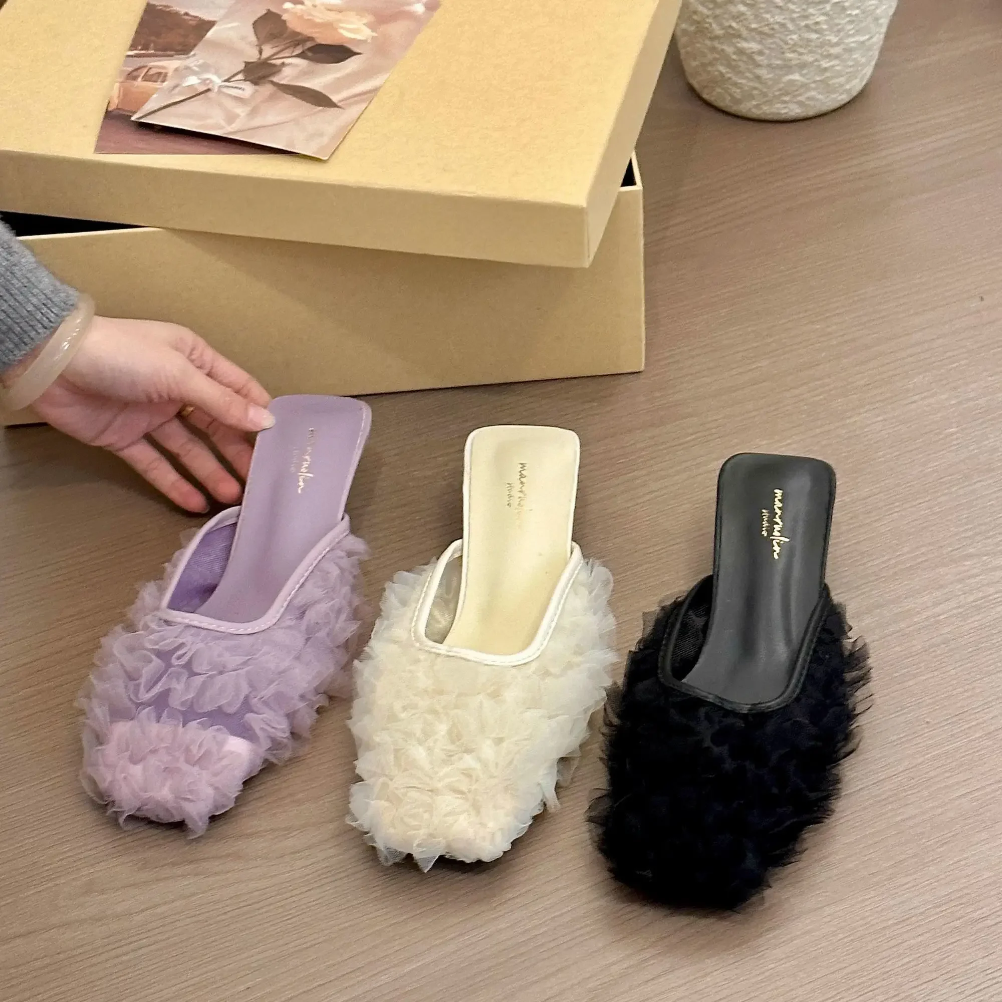 

Vintage Feather Shoes for Women Sandals Woman Slippers Plush with Heel Designer Easy Wears Vip Low Price Slip-resistant Non 39