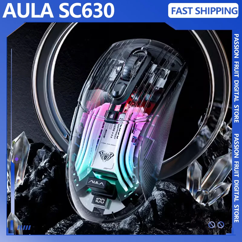 

AULA SC630 3-режимная прозрачная мышь, беспроводная Bluetooth-мышь, свет, звук, игровой настольный ноутбук, доступен с зарядной базой, мышь