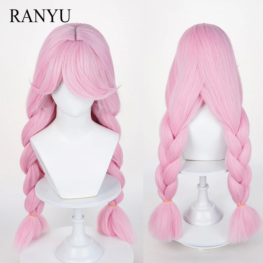 

Pink Long Straight Synthetic Wigs with Bangs Anime Game Cosplay Fluffy Braided Wig Heat Resistant for Daily Party