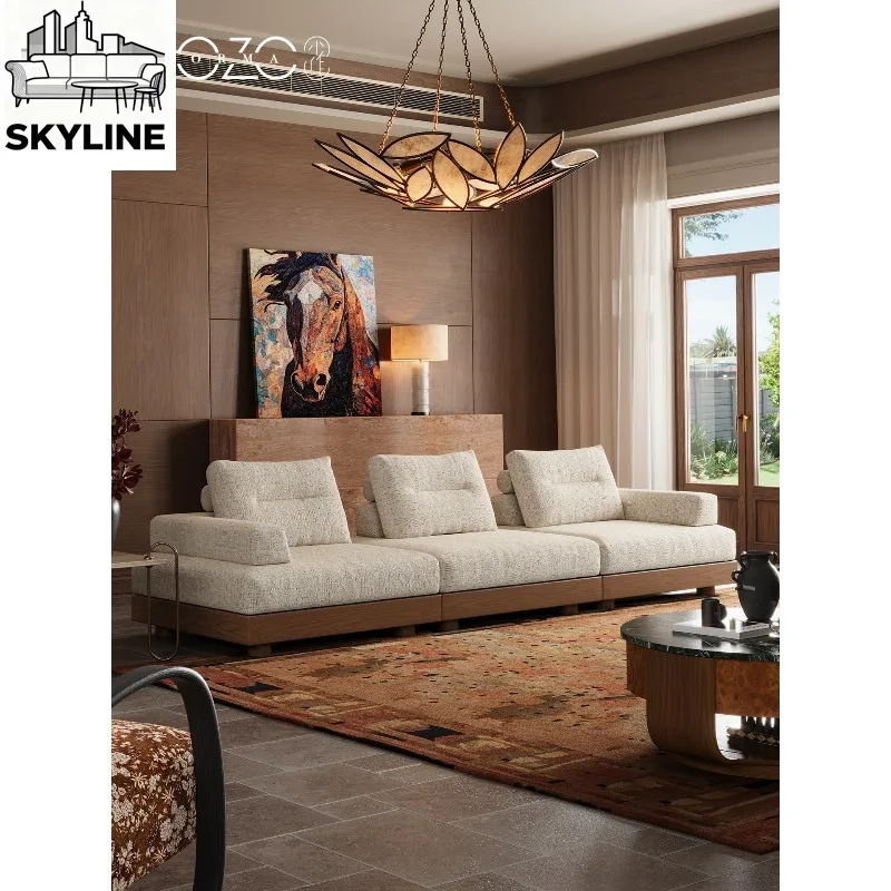 Retro Solid Wood Frame Modular Fabric Sofa, Single Armrest Combinable Removable Washable Sofa for Small Apartment