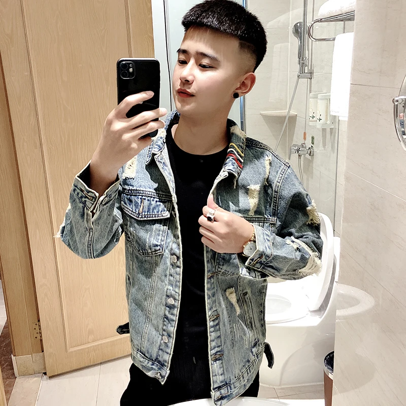 Trendy Jeans Jacket for Men Hole Design Autumn Spring Fashionable Youthful Outerwear Casual Cotton Long Sleeve Coat