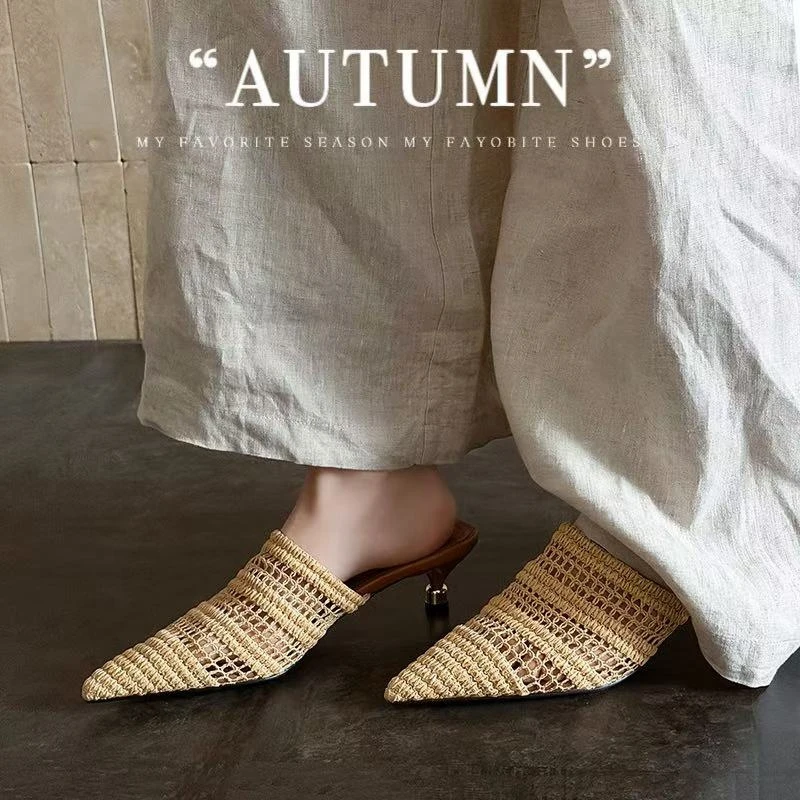 

Women's new spring and summer pointed leather woven metal high heels with hollow and breathable toe, M ü ller fashion slippers