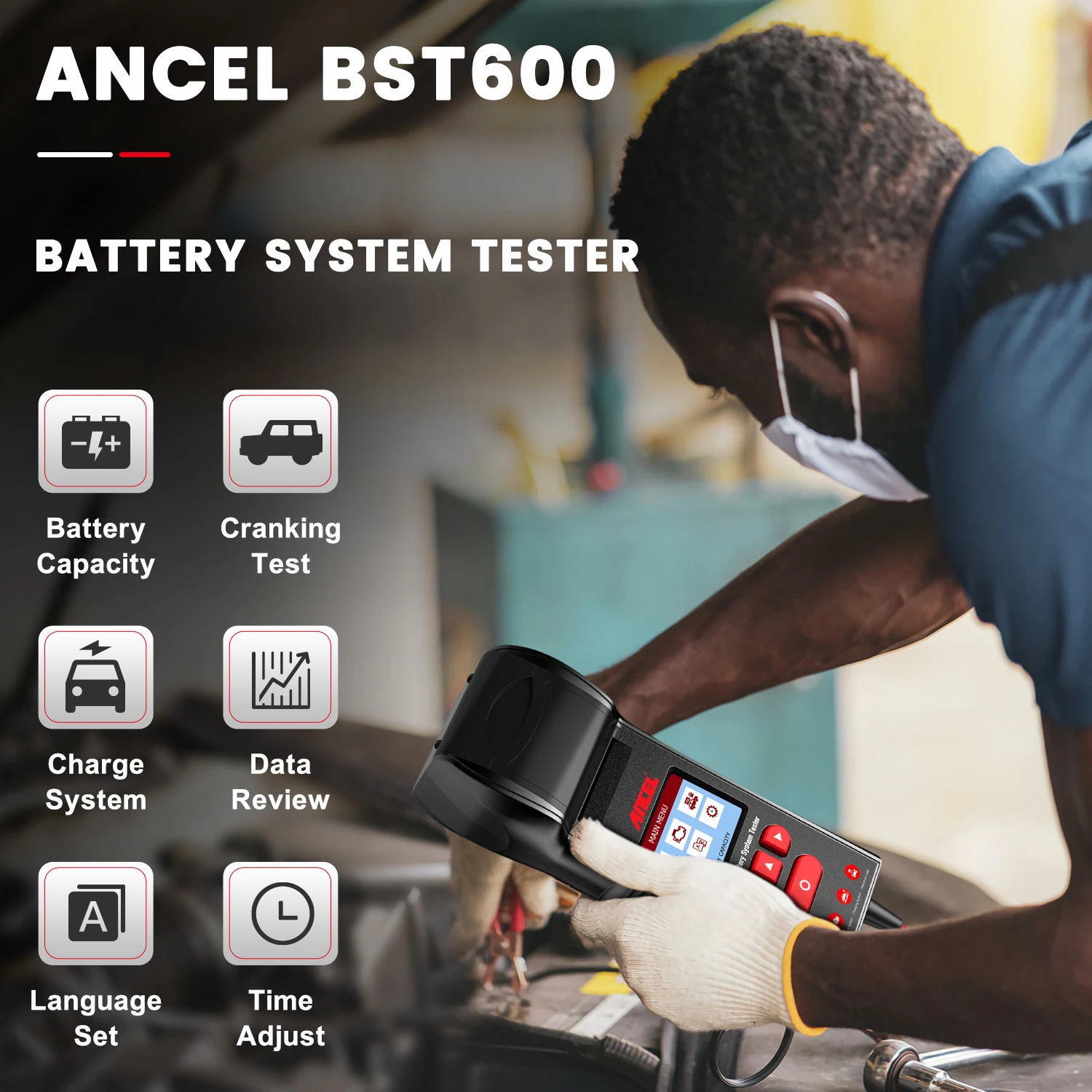 ANCEL BST600 Car Battery Tester with Printer 12V/24V 100-2000CCA Battery Temperature Load Tester Cranking Charging System Test