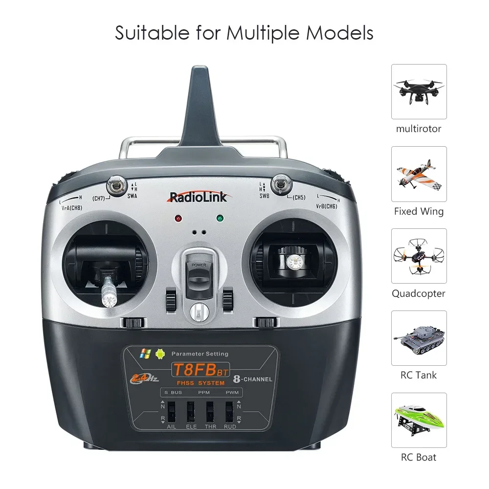 Radiolink novo transmissor e receptor rc t8fb bt 8 canais r8ef 2.4g controlador para drone/asa fixa, avião