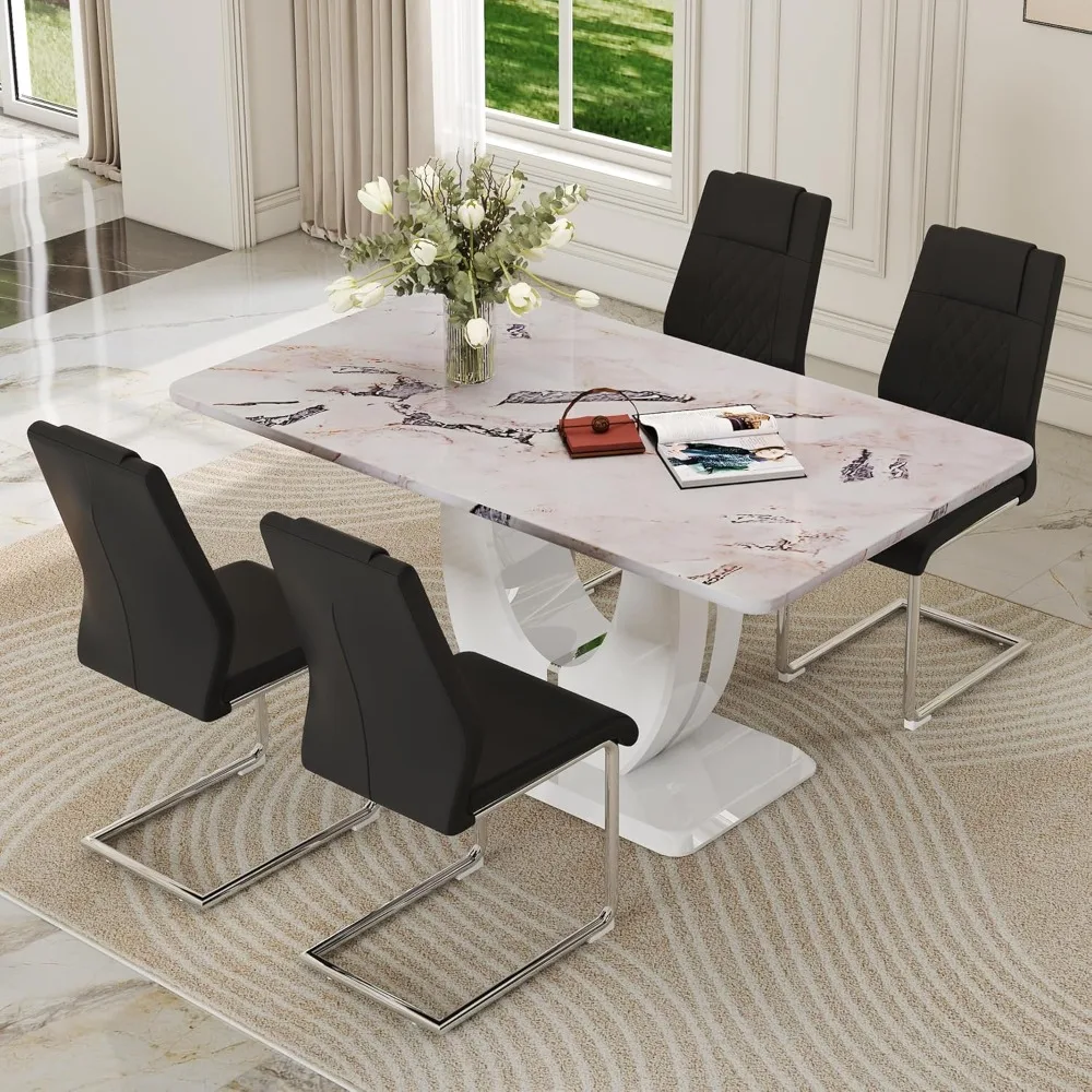 

63'' Dining Table Set for 4, Modern Kitchen Table Chairs Set of 4, Faux Marble Table with PU Leather Upholstered Chairs for Dini