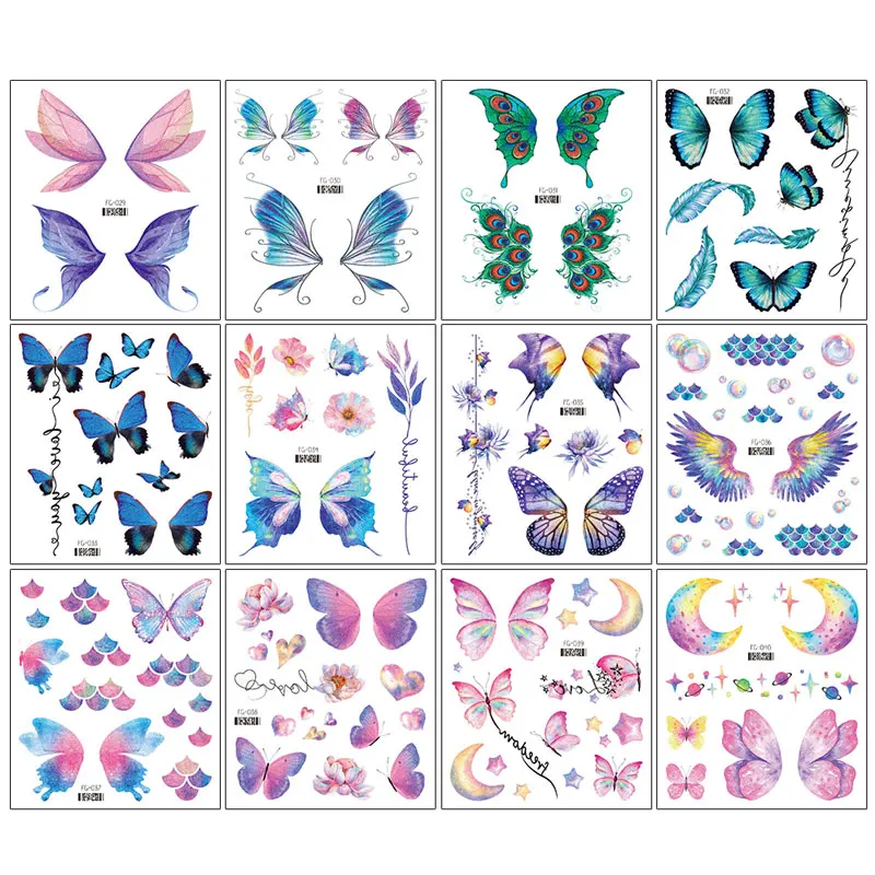 Fairy Butterfly Wings Glitter Tattoo Sticker Temporary Waterproof Eyes Face Arm Body Art Fake Tattoos Women Festival Accessories