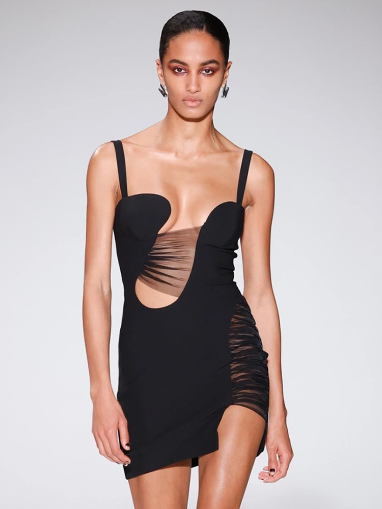 Sexy Sleeveless V Neck Mesh Patch Bandage Dress Women Black Spaghetti Strap Hollow Mesh Mini Bodycon Dress Celebrity Party Dress