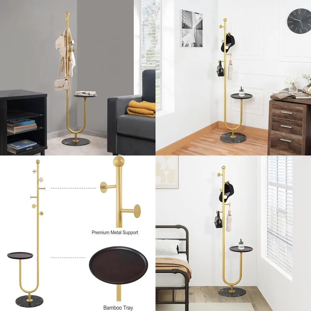 

Freestanding Coat Rack with Table and 6 Hooks, Corner Tree Design, Marble Base, Gold Finish, 13.78x13.78x68.11 Inches