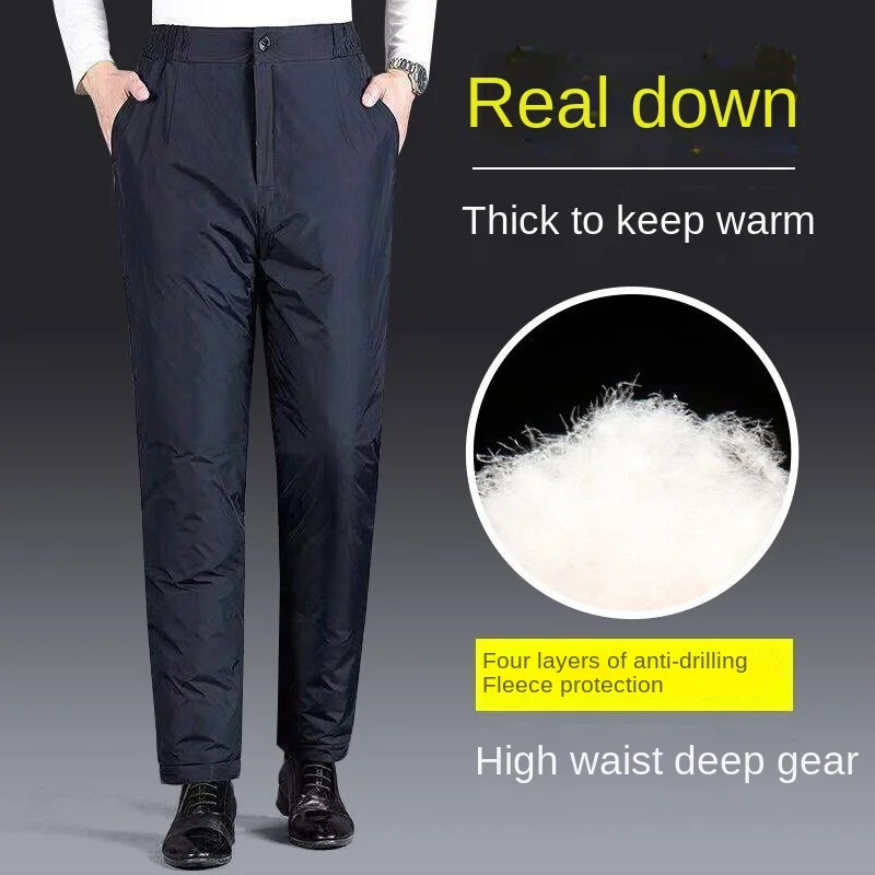 

Thickened Down Men's Trousers Winter Windproof Warm Straight Cotton Wadded Pants Elastic Waist Fleece-lined Outside Clothing