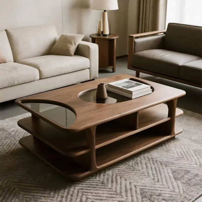 North American black walnut glass coffee table, modern simple solid wood coffee table living room home coffee table