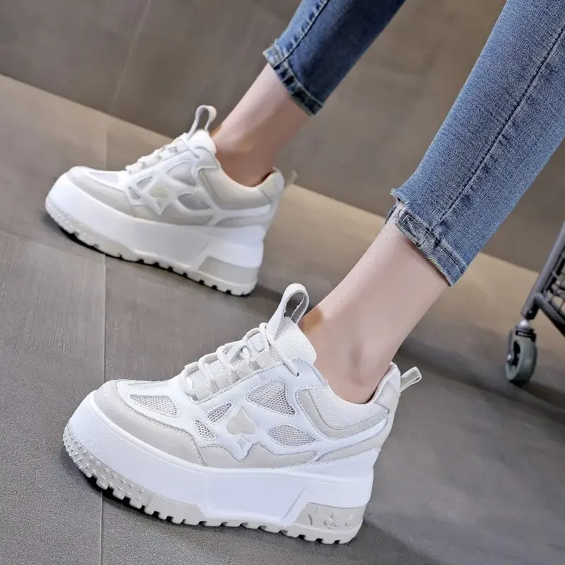 

Krasovki 9cm Air Mesh Genuine Leather Platform Wedge Women Summer Hidden Heel Hollow Chunky Sneaker Fashion Casual Shoes