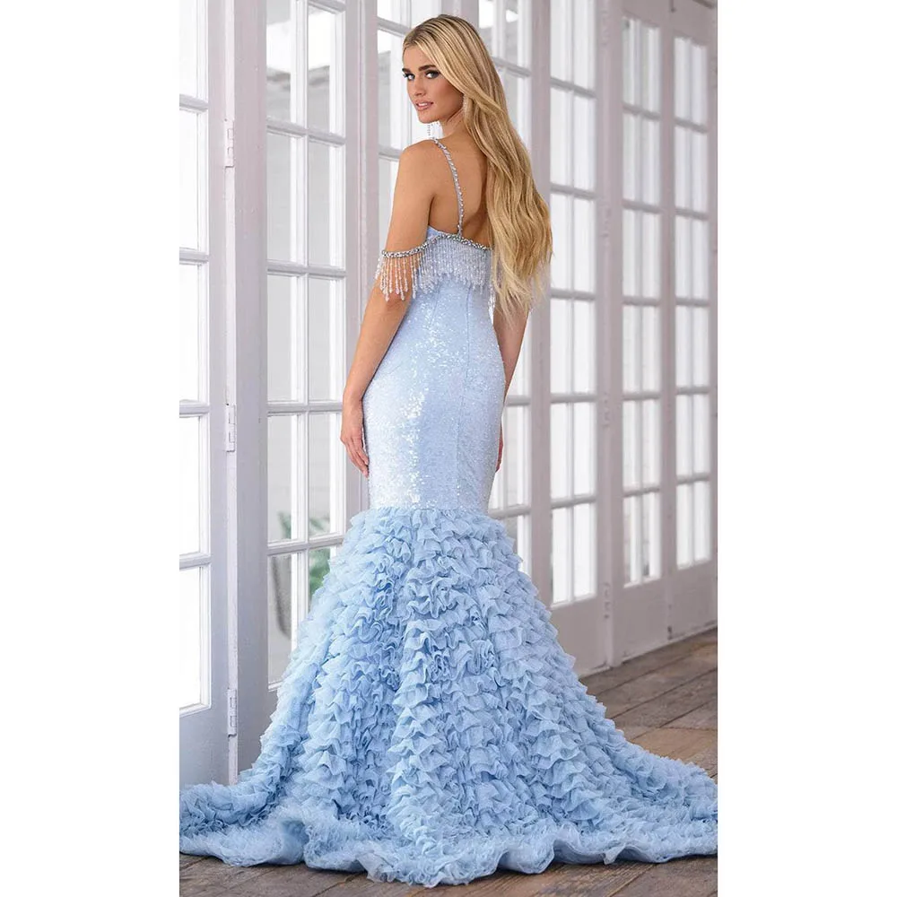 Requintado azul claro feminino baile de formatura vestidos de lantejoulas trompete até o chão cinta espaguete princesa banquete vestidos de festa à noite