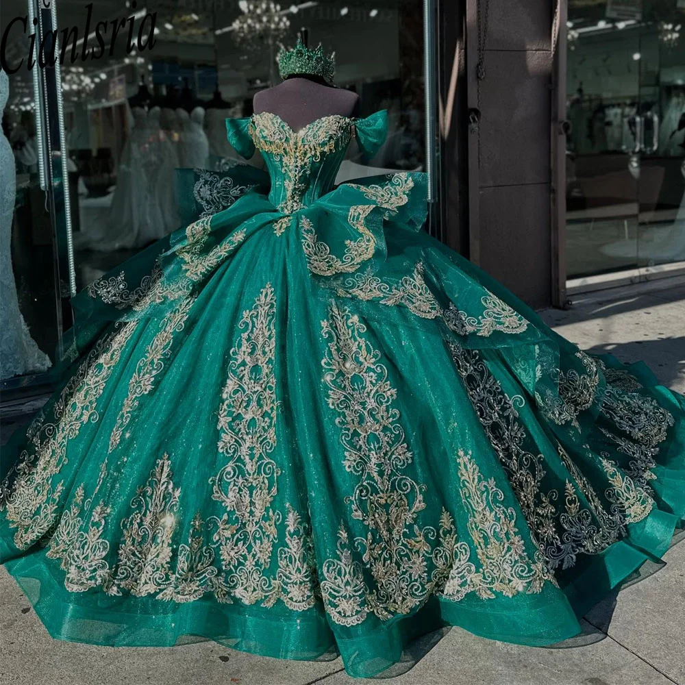 Princess Green  Quinceanera Dress Pretty Floral Applique Beading Off Shoulder Mexico Corset Sweet 16 Vestido De 15