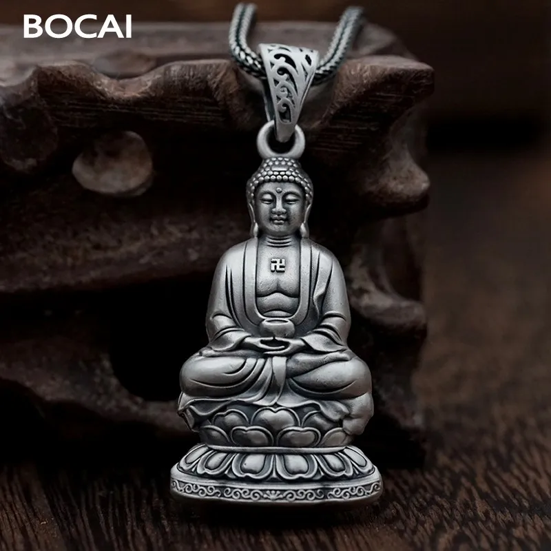 

BOCAI 2022 Real S999 Silver Jewelry Retro Double-Sided Tathagata Buddha Pendant for Men and Women Buddhist Amulet Mother Gift