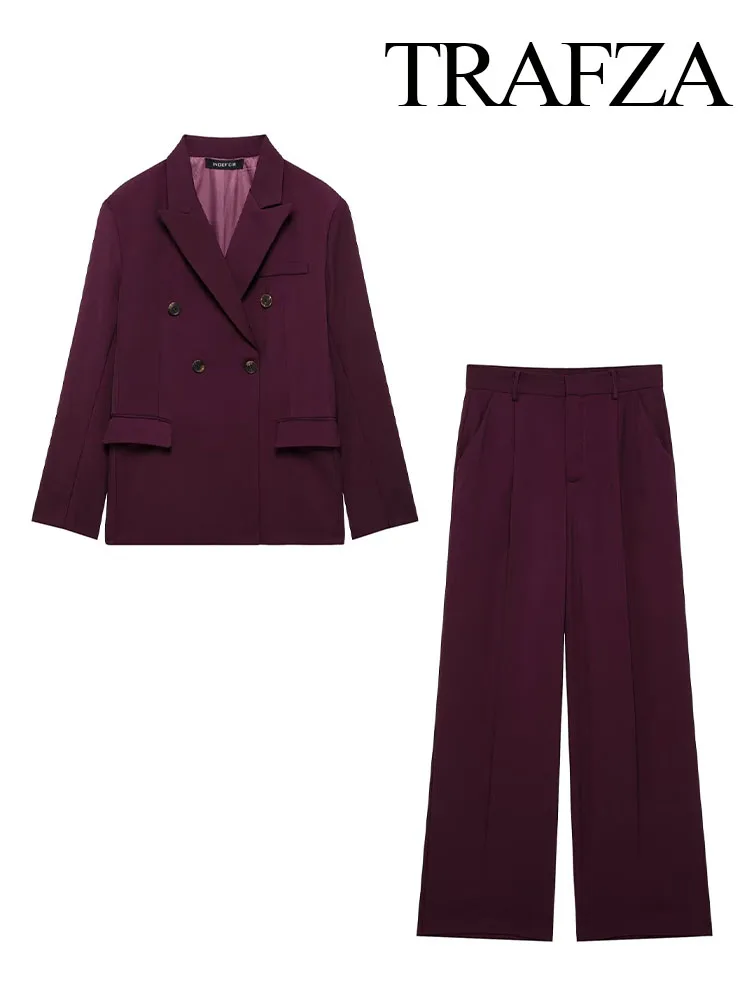 

TRAFZA женский весенний модный пиджак, брюки, костюм из двух предметов, женский двубортный пиджак с лацканами + плиссированные брюки с карманами на молнии