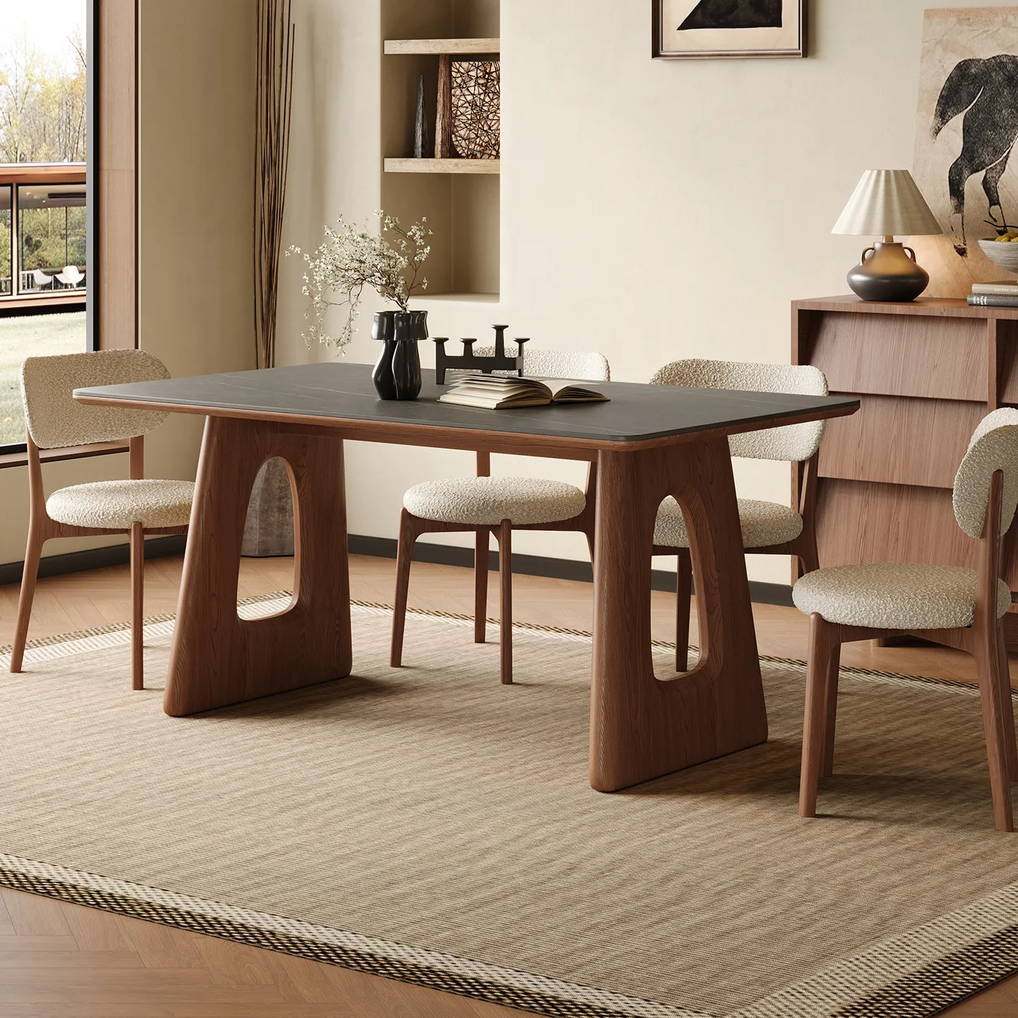 Wabi Sansan wind solid wood rock slab dining table and chair combination rectangular Nordic household small apartment modern