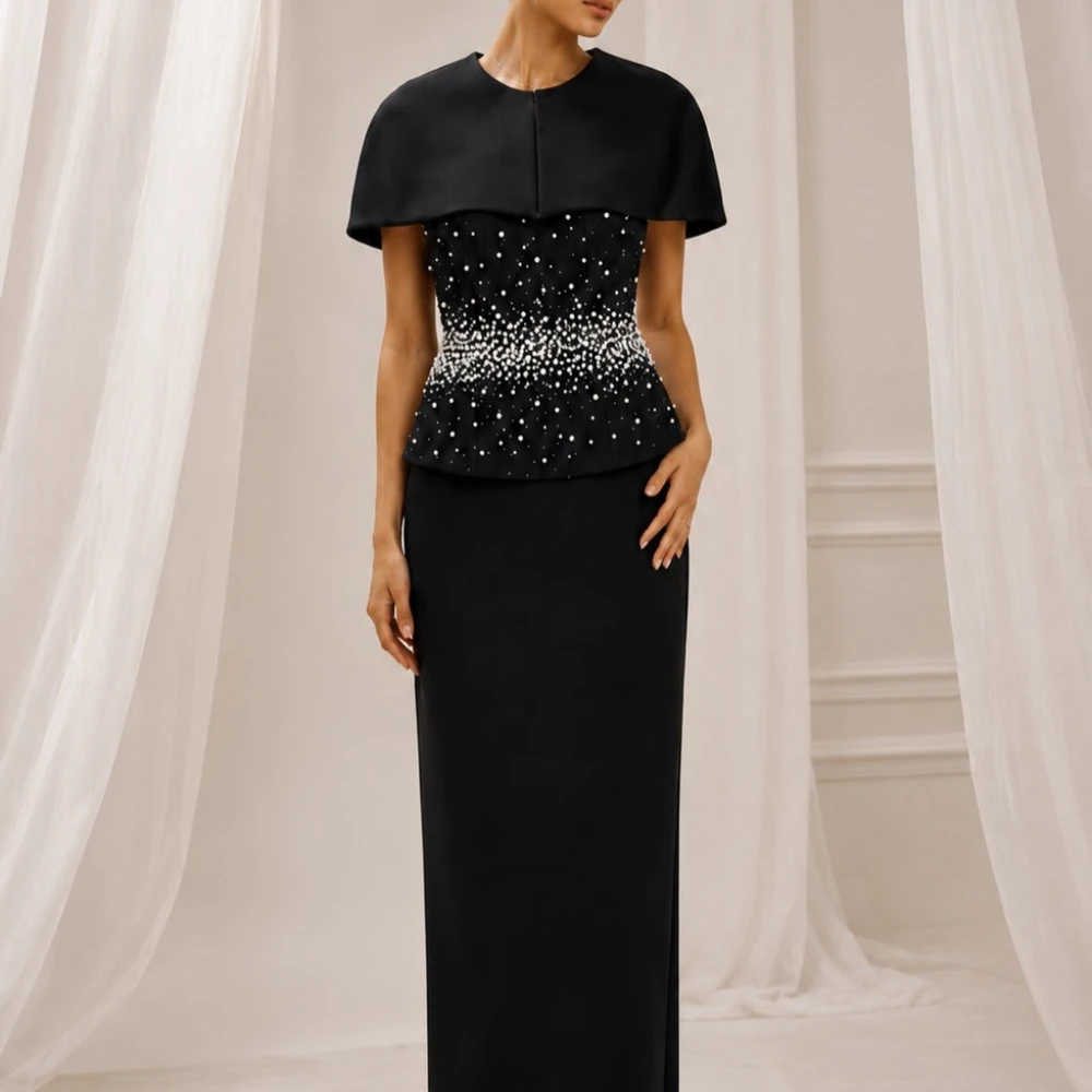 Customized Elegant Black Evening Gown Short Cape Overlay Gradient Sparkling Rhinestone Embellished Waist Fitted Floor Length