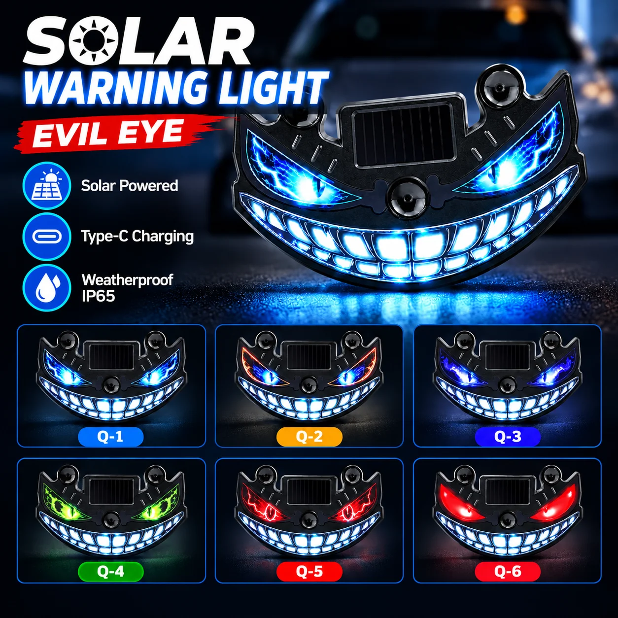 Universal Devil's Eye Ambient Light Solar/Type-C Charging Dynamic LED Cool Flashing Warning Decorative Safety Car Signal Lights