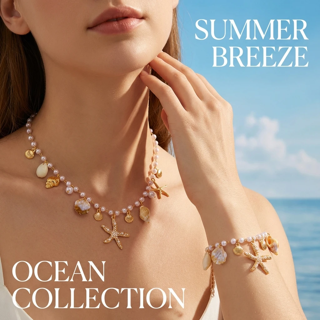 Übertriebene Perlen-Seestern-Anhänger-Halskette für Damen, Bohemian-Stil, Imitationsperlen-Muschel-Halskette, Trendiger Sommer-Partyschmuck – Detail 2