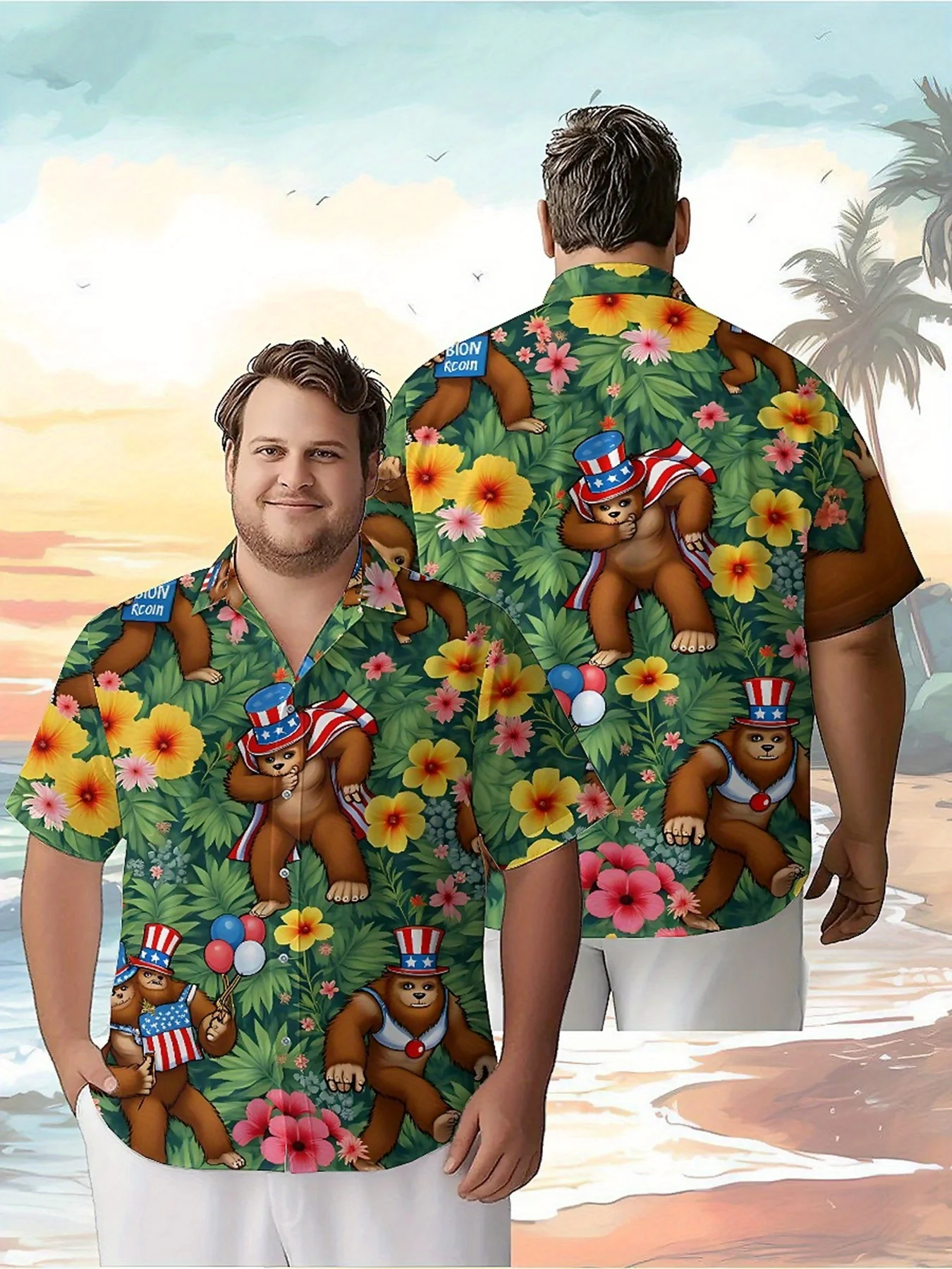 Men's Plus Size Hawaiian Shirts Sasquatch Celebrates The US Independence Day pattern, Casual Top, Suitable for Outdoor and Party