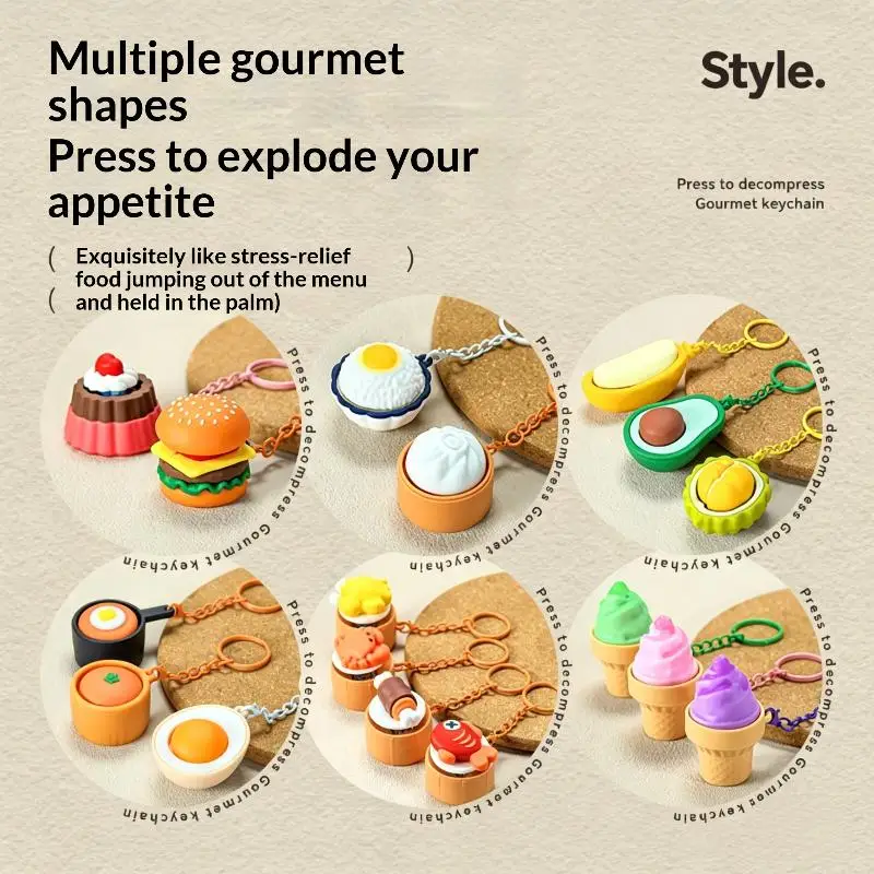 Mini Gourmet Keychain Decompression Fidget Anxiety Relief Toy Cute Burger Sushi Avocado Durian Pendant Bag Backpack Decor view 2