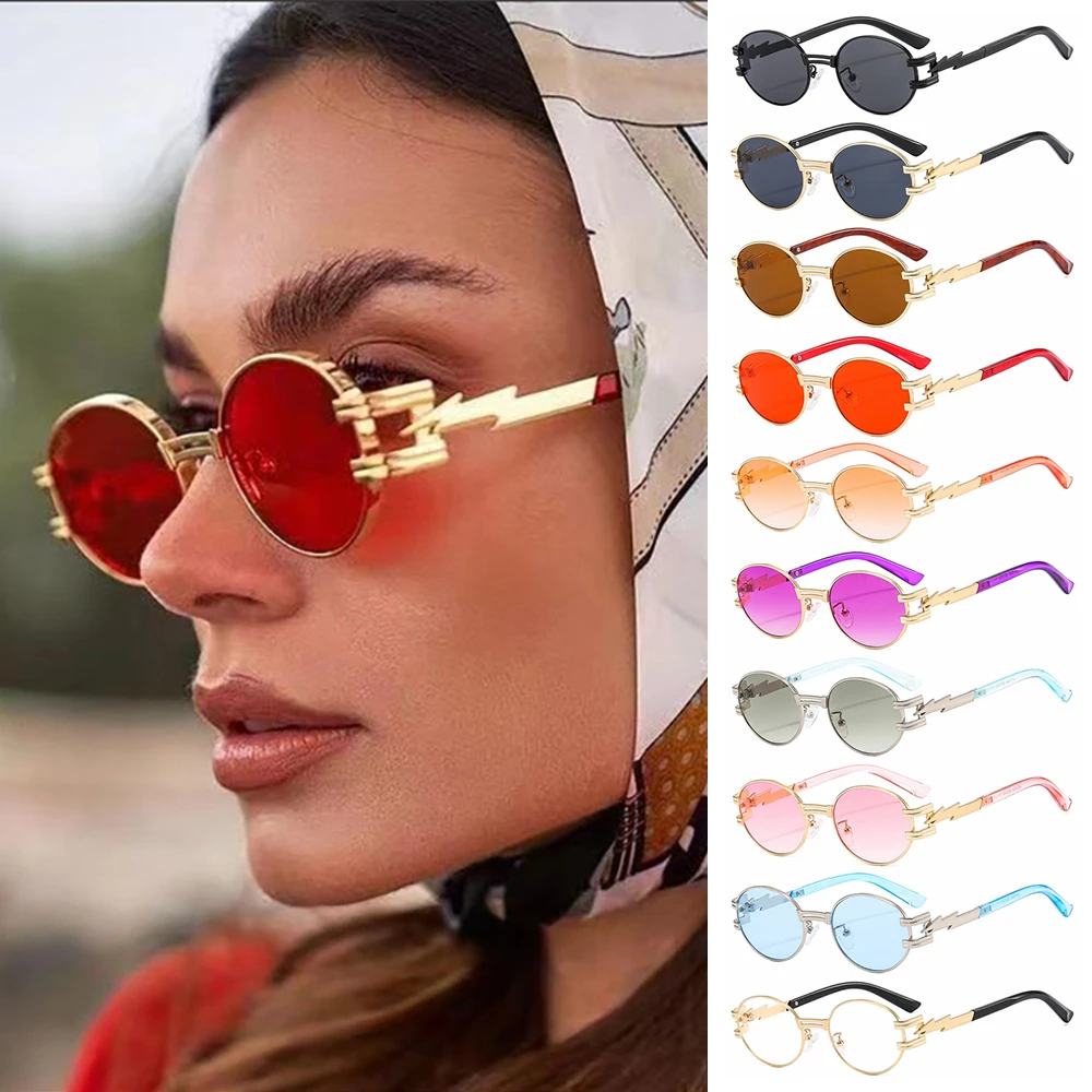 Cyberpunk Y2K  Retro Oval Frame Sunglasses Futuristic Lightning Decorative Hip Hop Sun Glasses Trendy Street Shades UV400