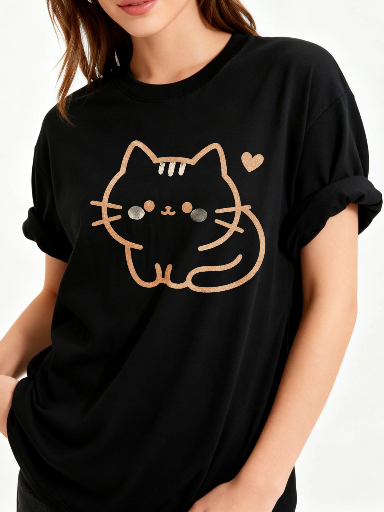 Cute Cat Design Women's Oversized 100% Crewneck T-Shirt Kawaii Animal Print Summer Casual Wear Graduation Gift