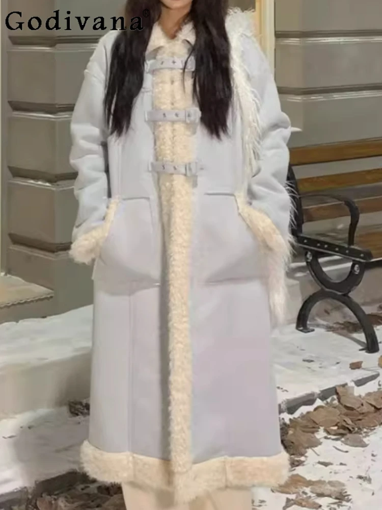 

Winter Light Blue Fashion Splicing Lamb Wool Coats Women Versatile Age-reducing Korean Medium Long Warm Turn-down Collar Coat