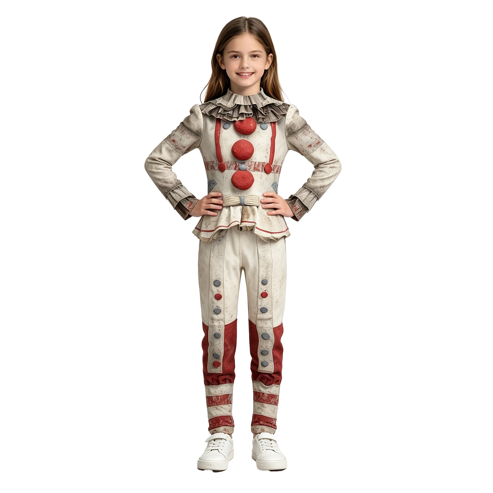Kids Boys Girls Halloween Clown Cosplay Costume Long Sleeve Red Pompom Jumpsuit Carnival Gray Joker Jester Theme Party Dress Up
