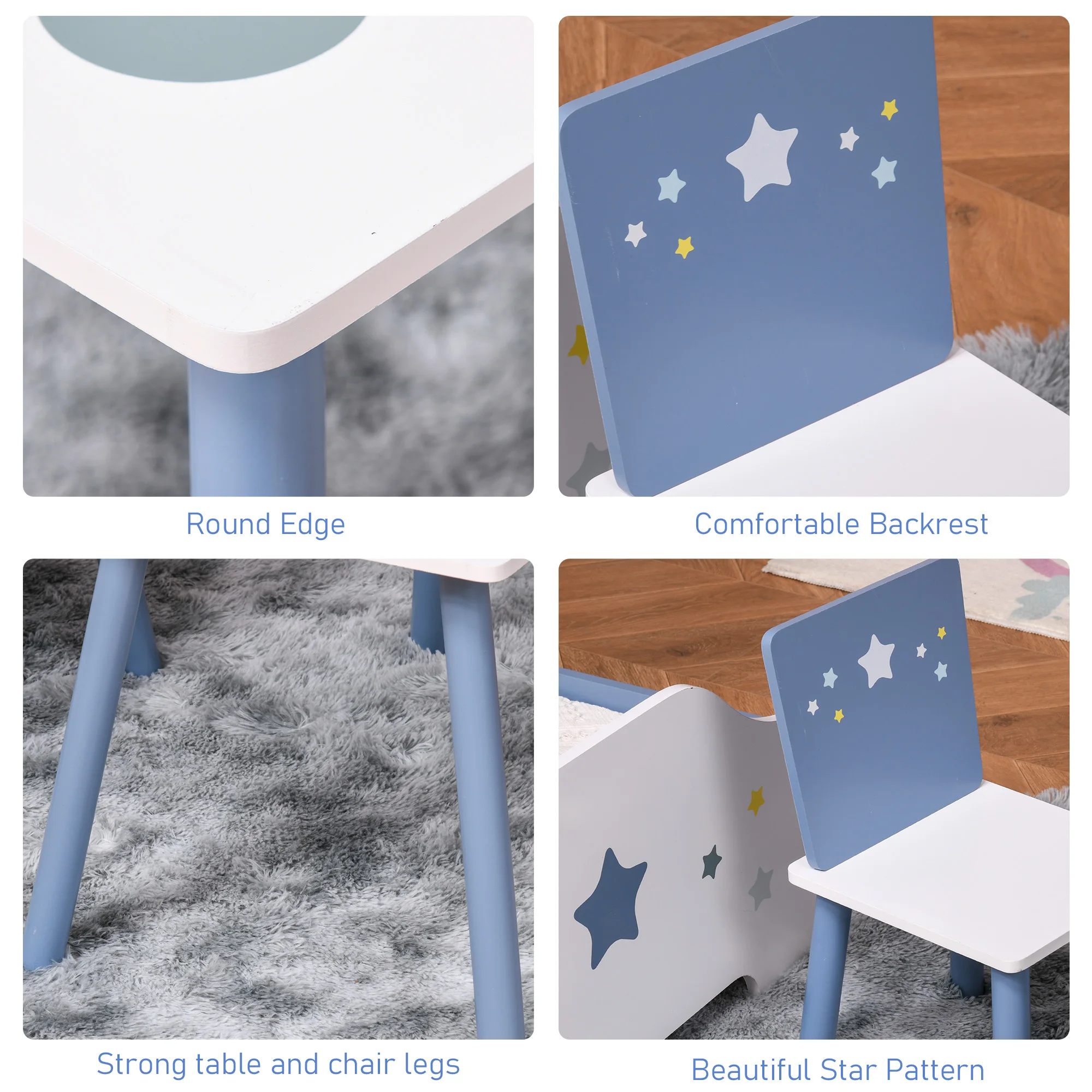 HOMCOM 3 Pcs Kids Table & Chairs Set with Wood Legs Safe Corners Cute Stars Seating Blue