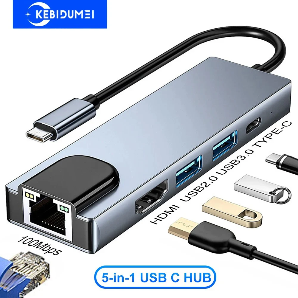 

5-портовая док-станция USB C типа C к HDMI 4K/RJ45, 100 м, разветвитель USB 3.0, 5 Гбит/с, высокоскоростной адаптер USB C-концентратора для ноутбука Macbook 5 Ports USB C Docking Station Type C to HDMI 4K/RJ45 100M