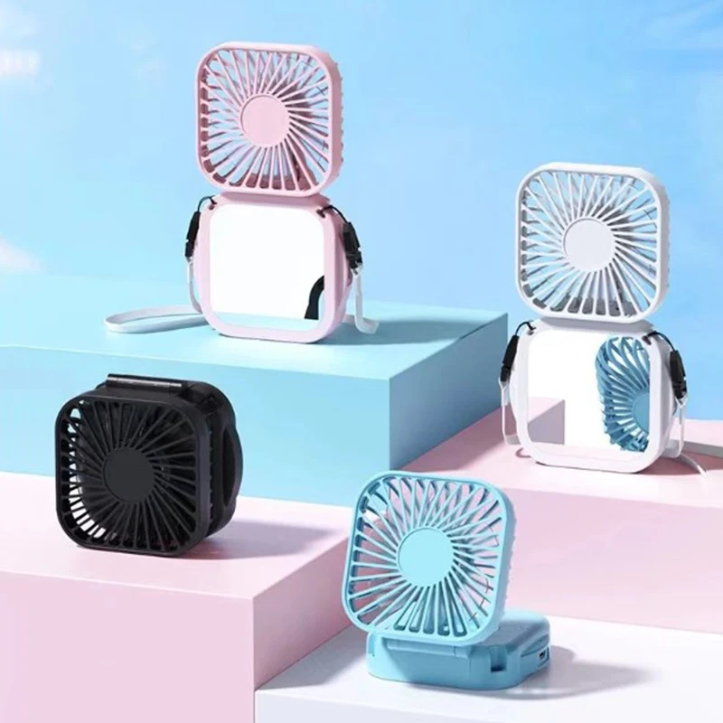 Summer Convenience Strap USB Rechargeable Small Fan With Makeup Mirror Mute Handheld Folding Desktop Multi Range Electric Fan