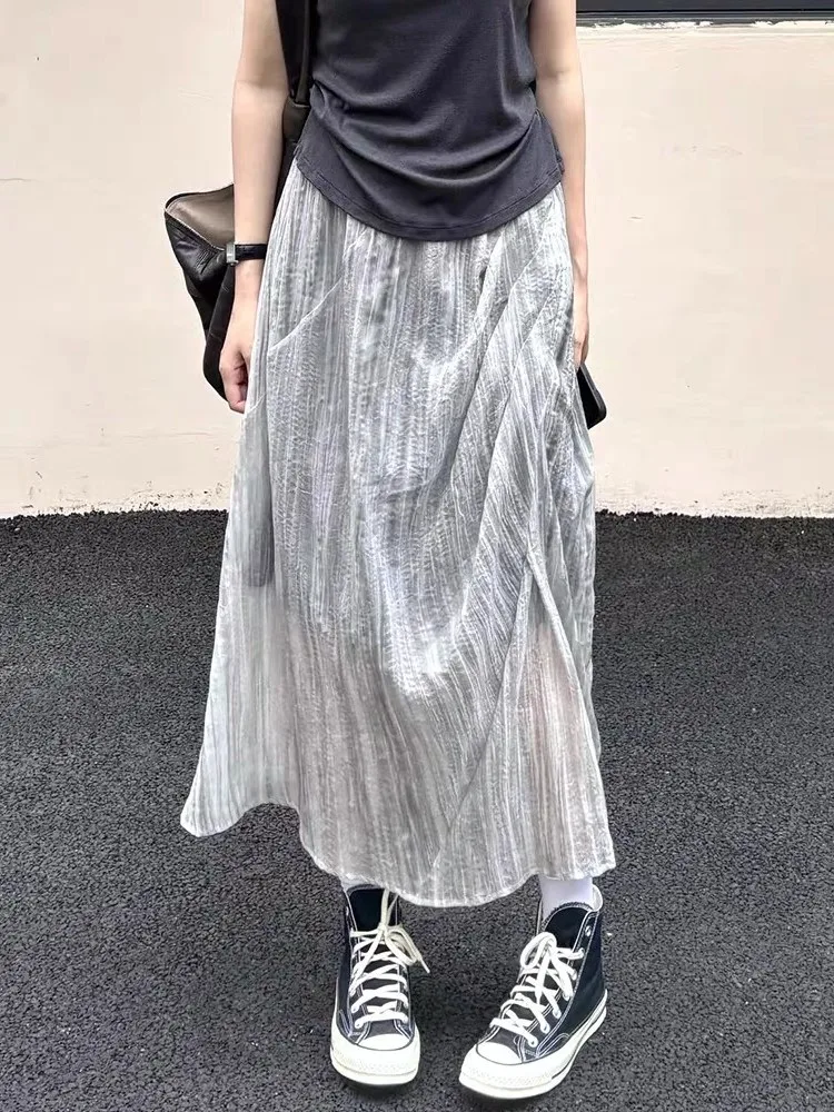 

Юбка трапециевидной формы с плиссированной текстурой, женская летняя утягивающая юбка феи с высокой талией, корейская юбка прямого кроя, большой размер