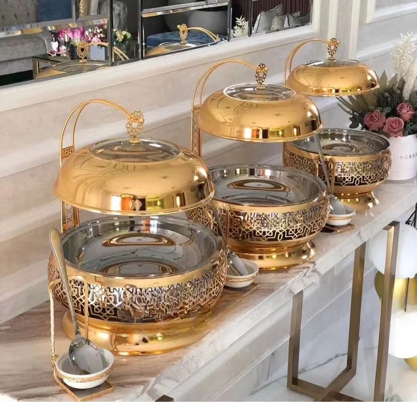 Luxury Golden Round Buffet  Food Warmer Stainless steel Wedding Commercial Equipment Chafing dish Hotel Serving Chefing dish