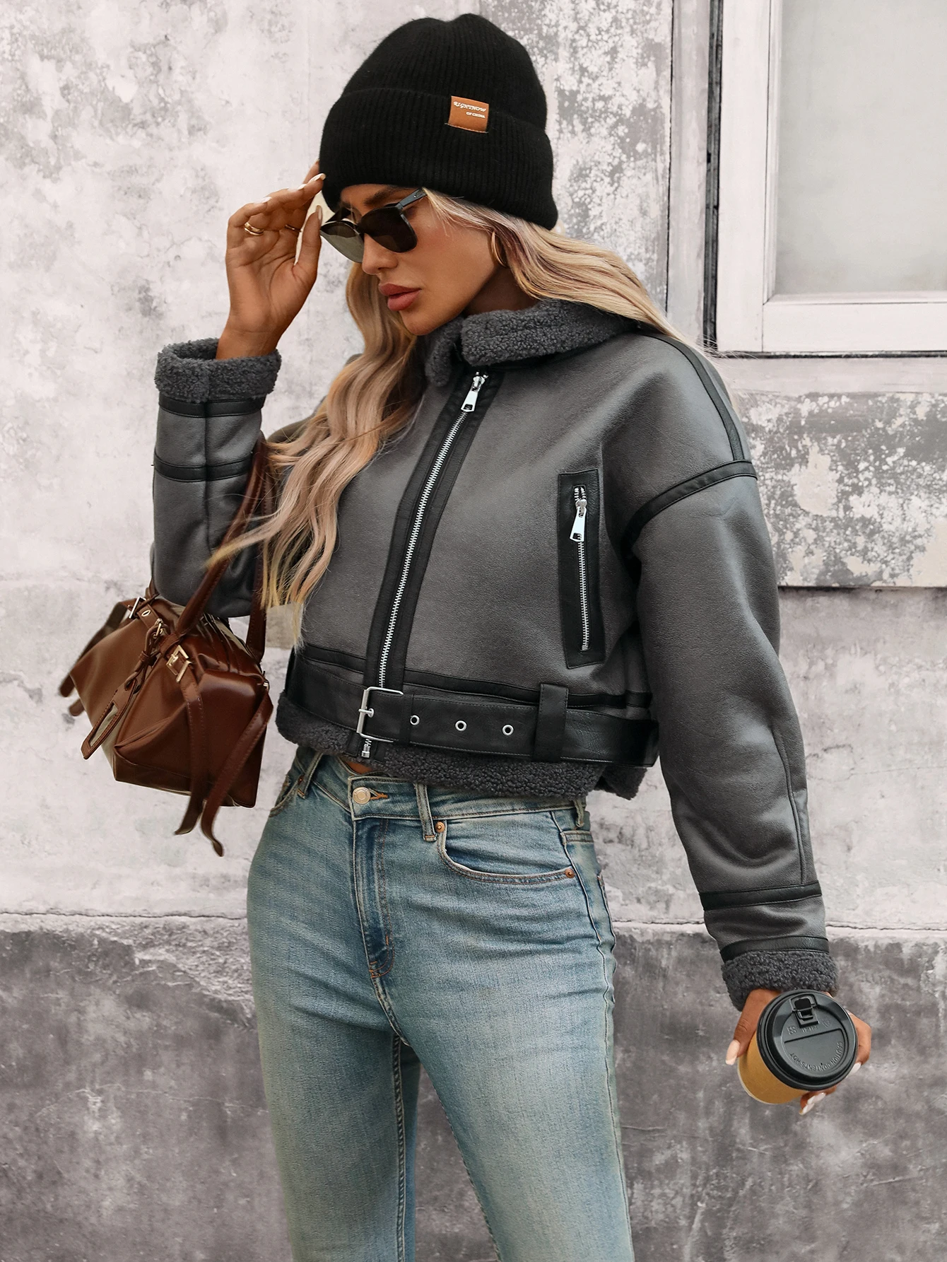 الشتاء النساء فو لامب الفراء سترة قصيرة التلبيب سستة منفذها معطف الطيار