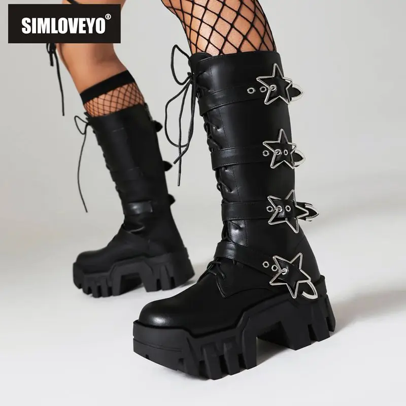 SIMLOVEYO Fashion Women Boots Round Toe Block Heels 7cm Platform 5cm Lace Up Decoration Size 43 44 Bota