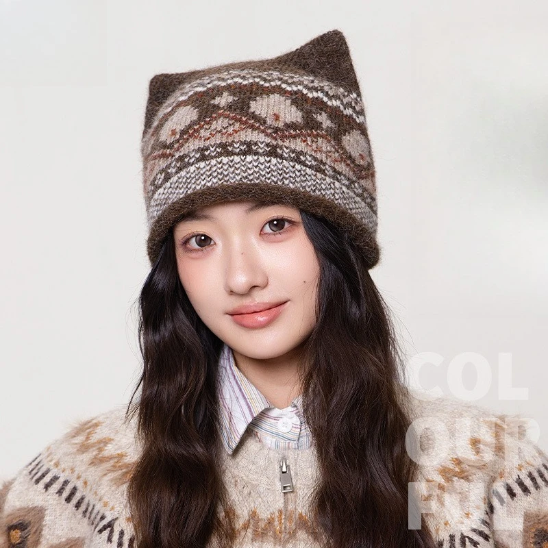 Fair Island Jacquard Women's Three-dimensional Cat Ear Wool Hat Keep Warm and Show Small Face Big Head Circumference Cold Hat