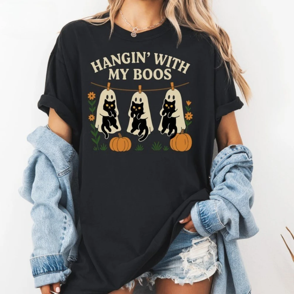 

Halloween Black Cat and Ghost Shirt Halloween Cute Ghost Tshirt Spooky Season Cat Tee Halloween Women Tops Festival Costumes