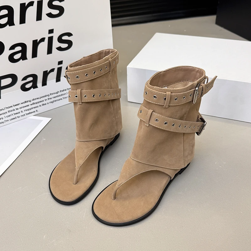 

Vintage Toe Clip Cooling Boots Women's Summer 2026 New Cutout Roman Boots with Belt Buckle Wedge Sandals