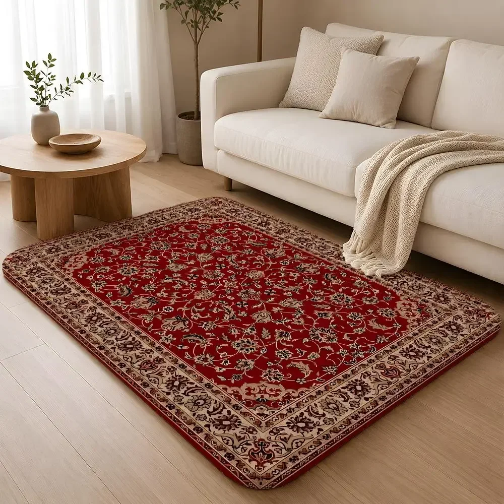 Tapis de sol mystérieux rouge en flanelle douce, style tapis persan, lavable en machine, antidérapant et absorbant, pour salon