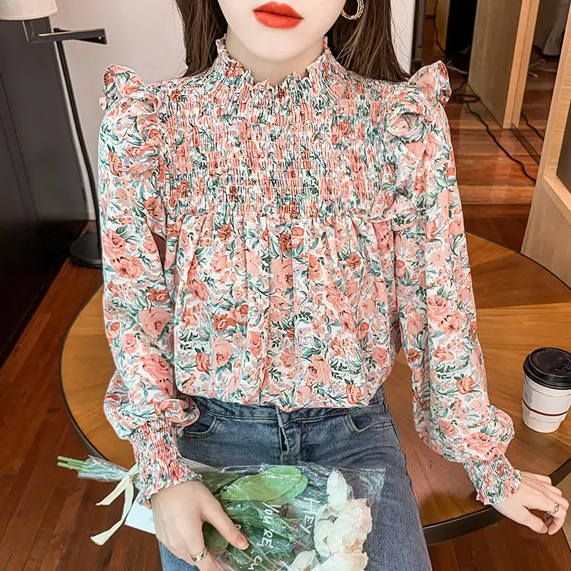 Elegant Fashion Harajuku Slim Fit Blouse Stand Collar Patchwork Printed Long Sleeve Tops Women Casual All Match Female Clothes