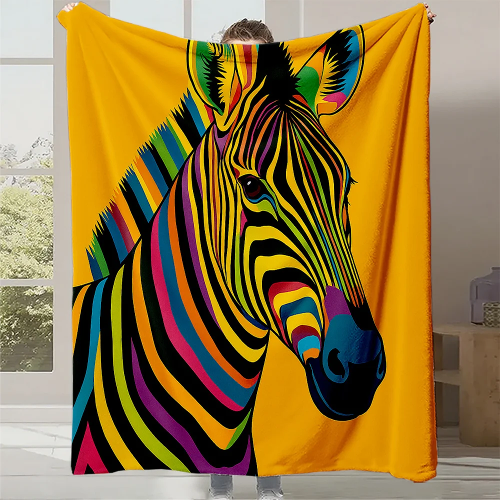 1pc Rainbow Zebra Print Flannel Blanket - High-Weight Soft & Warm All-Season Throw, Vibrant Multicolor Design, Machine Washable