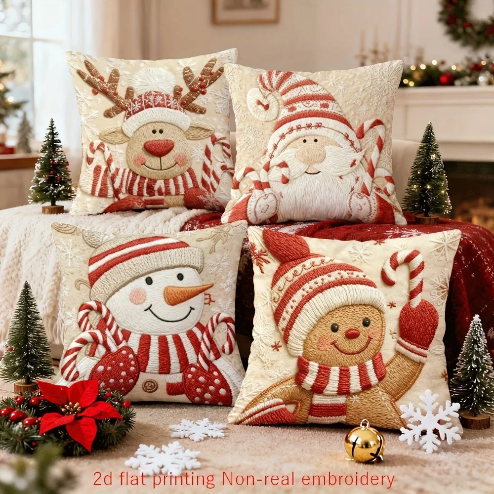 Christmas Theme Pillow Covers Festive Embroidered Reindeer with Candy Canes Suitable for Home Sofa Decoration, Home Accessories